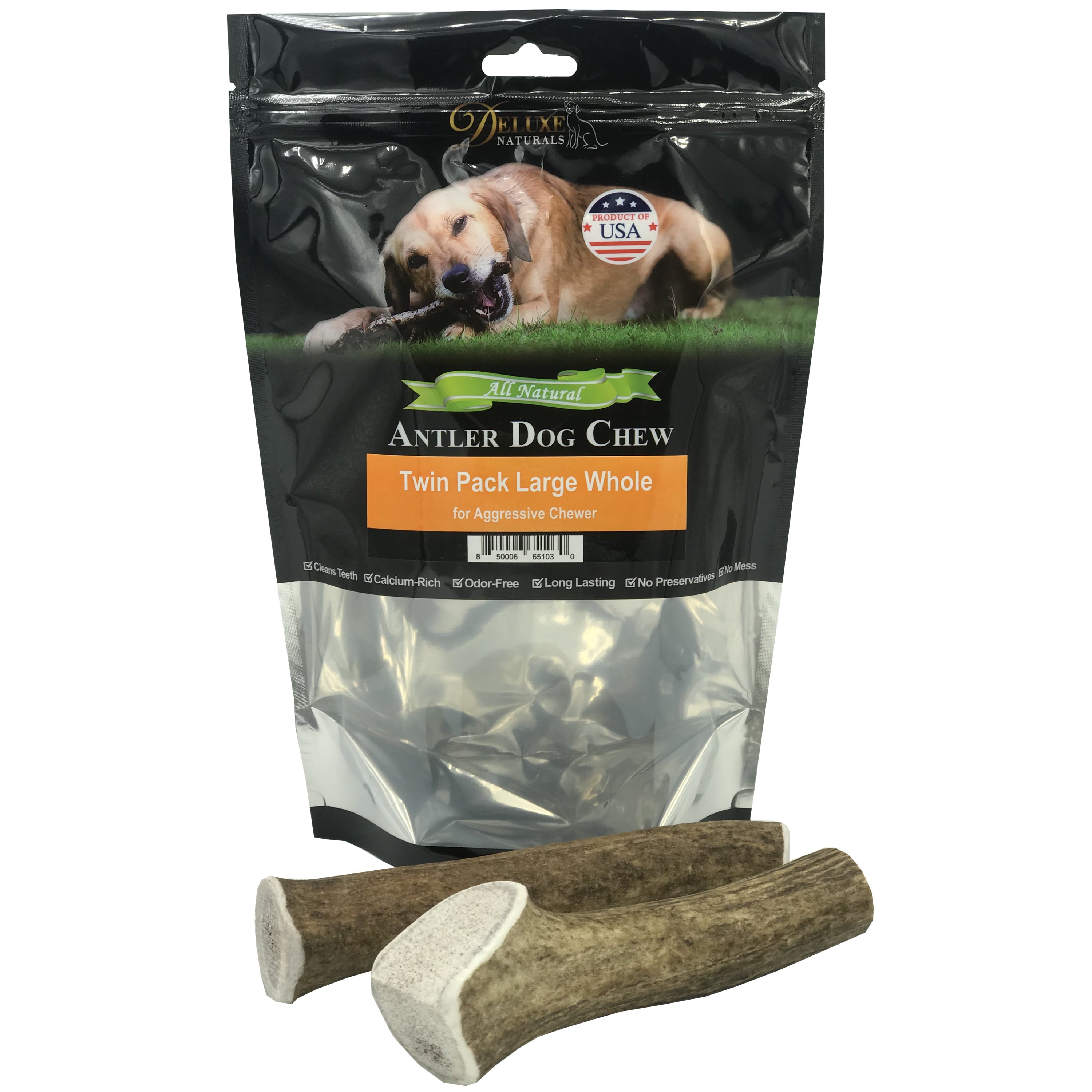 Deluxe Naturals Elk Antler Dog Chew Twin Pack， Large Whole Antlers