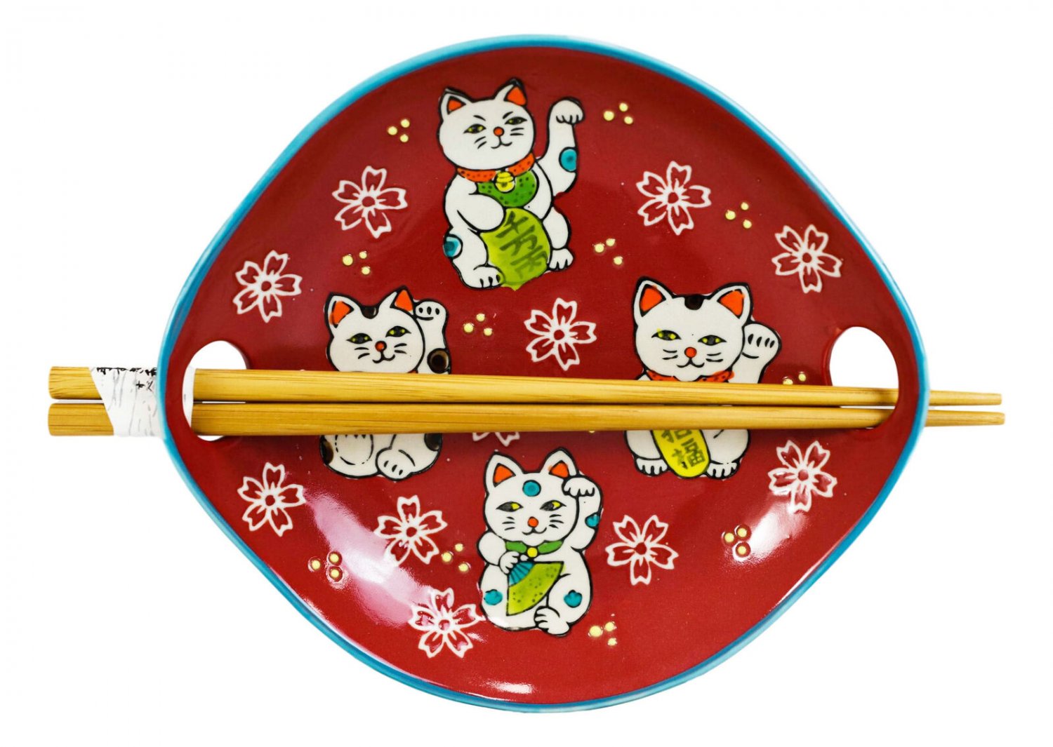 1 Red Maneki Neko Lucky Cats Appetizer Coupe Plate Flat Bowl With Chopsticks Set EBR02