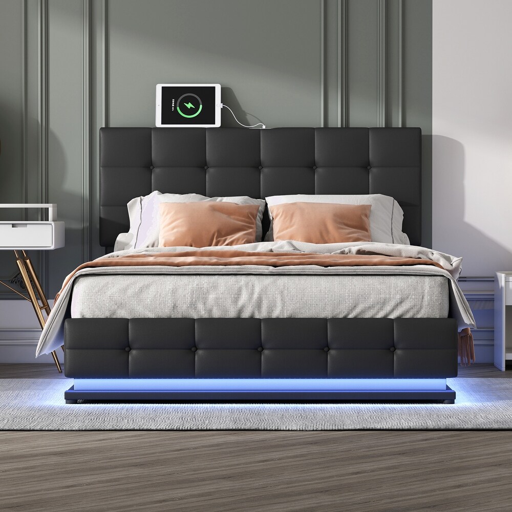 Modern Upholstered Storage Bed with LED Lights and USB charger