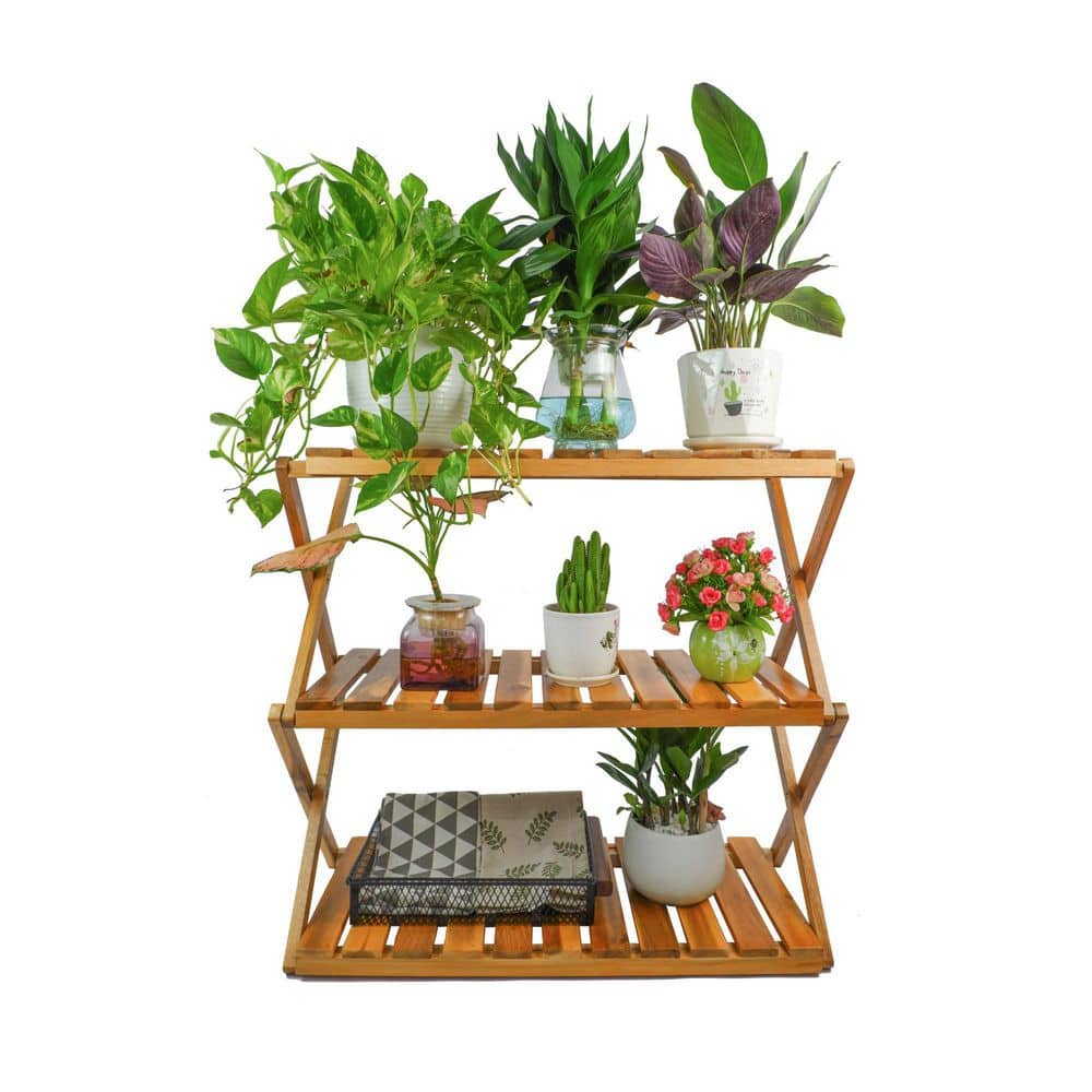 Tunearary Folding Indoor/Outdoor Wooden Plants Stand Flower Pot Display Shelf Rack 3-Tiers W68HZP535809