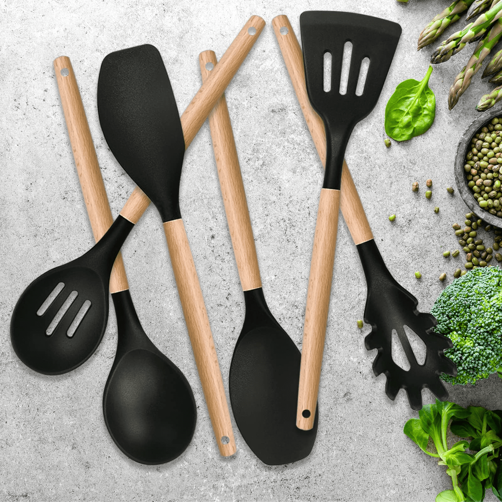 Kitchen Utensils Set of 6, E-far Silicone Cooking Utensils with Wooden Handle, Non-stick Cookware Friendly & Heat Resistant, Includes Spatula/Ladle/Slotted Turner/Serving Spoon/Spaghetti Server(Black)