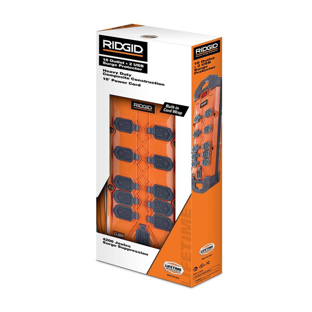 RIDGID 10 ft. Cord 10-Outlet 2 USB-A 4200J Surge Protector RG1010U