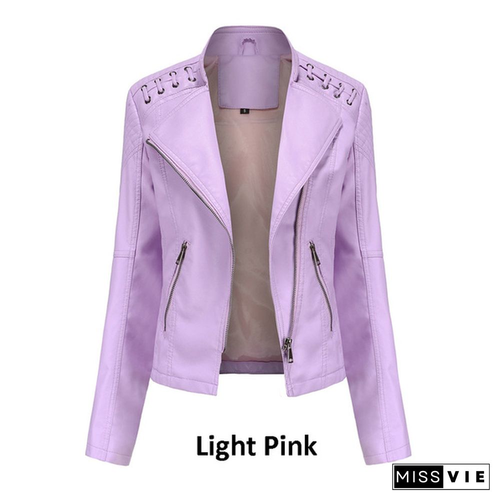 New Autumn Women Leather Slim Stand-up Collar Jacket Female Zipper Solid Long-sleeved Faux Leather Motorcycle Coat