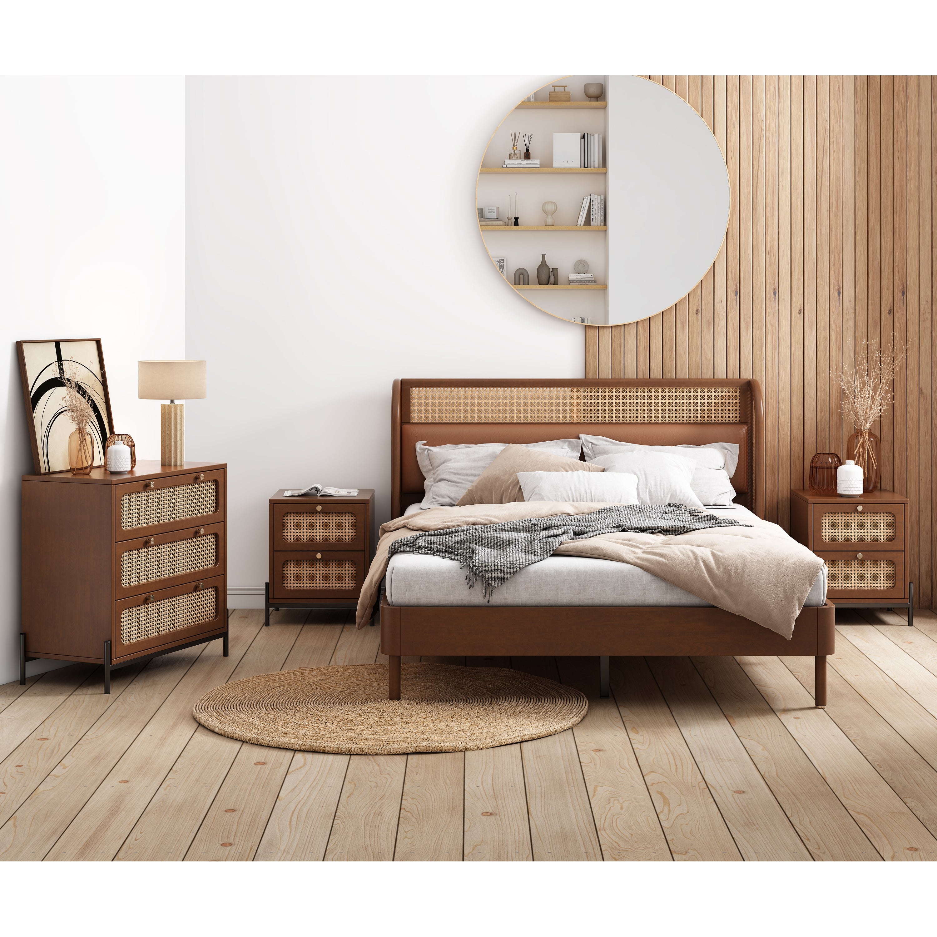 4 Pieces Modern Rattan Wood Bedroom Sets， Platform Queen Bed+Nightstand*2+Chest， Retro Bedroom Set - - 38086904