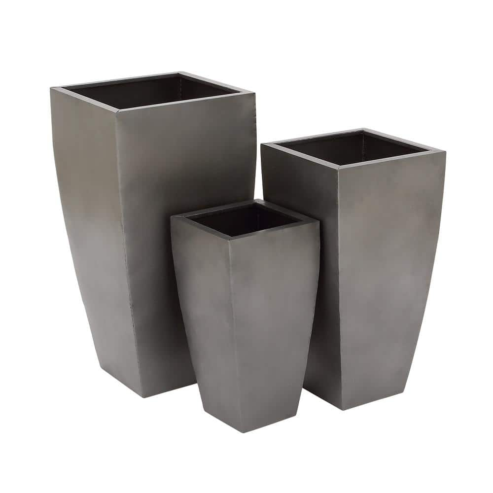 Litton Lane 15 in. x 30 in. Gray Metal Indoor Outdoor Light Weight Planter with Tapered Base and Polished Exterior (Set of 3) 53358