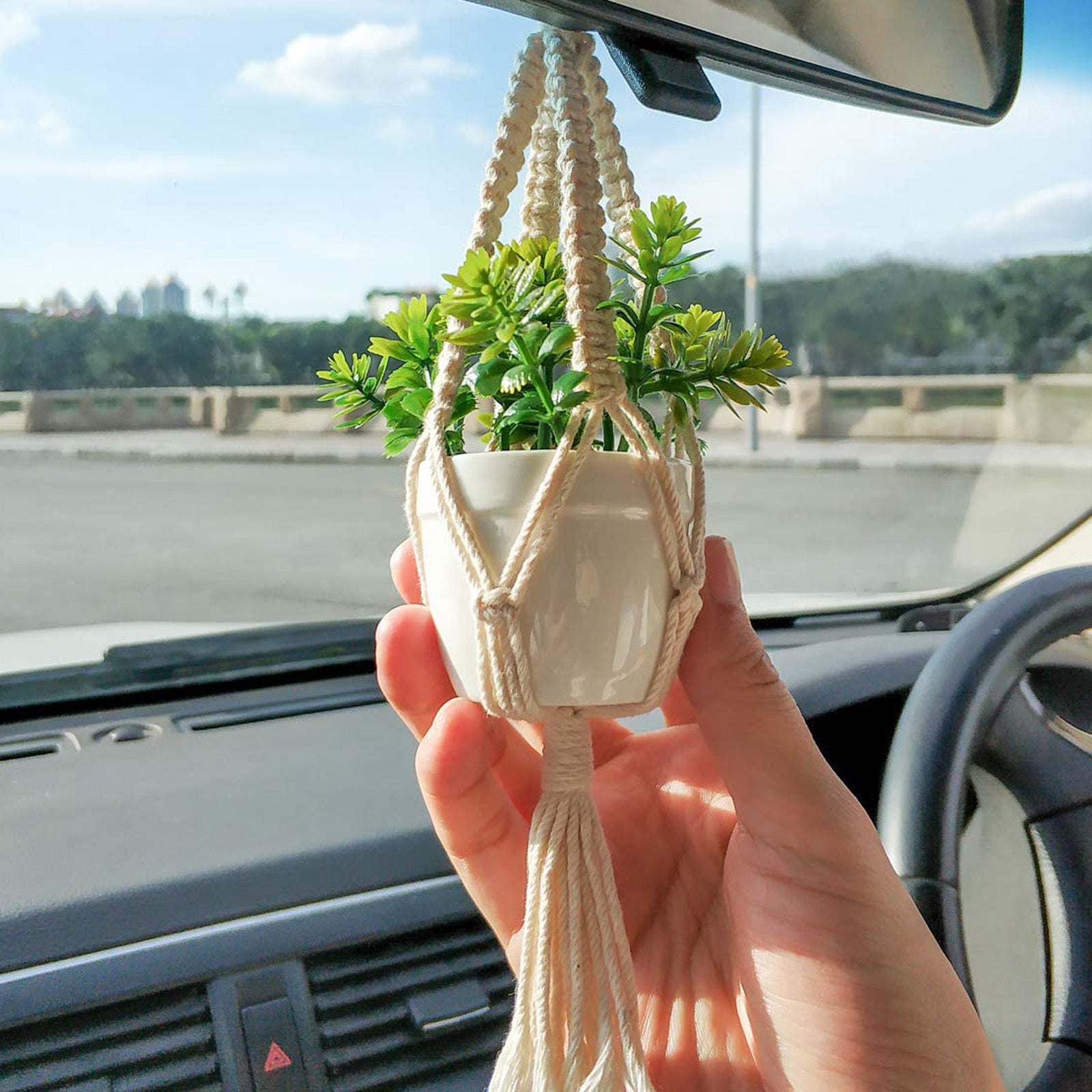 EEEkit 2pcs Mini Macrame Plant Hangers with Hooks, Cute Hanging Rearview Mirror Charms, Small Hanging Car Plant Stands, Cotton Rope Planter Baskets, Decorative Flower Pot Holders