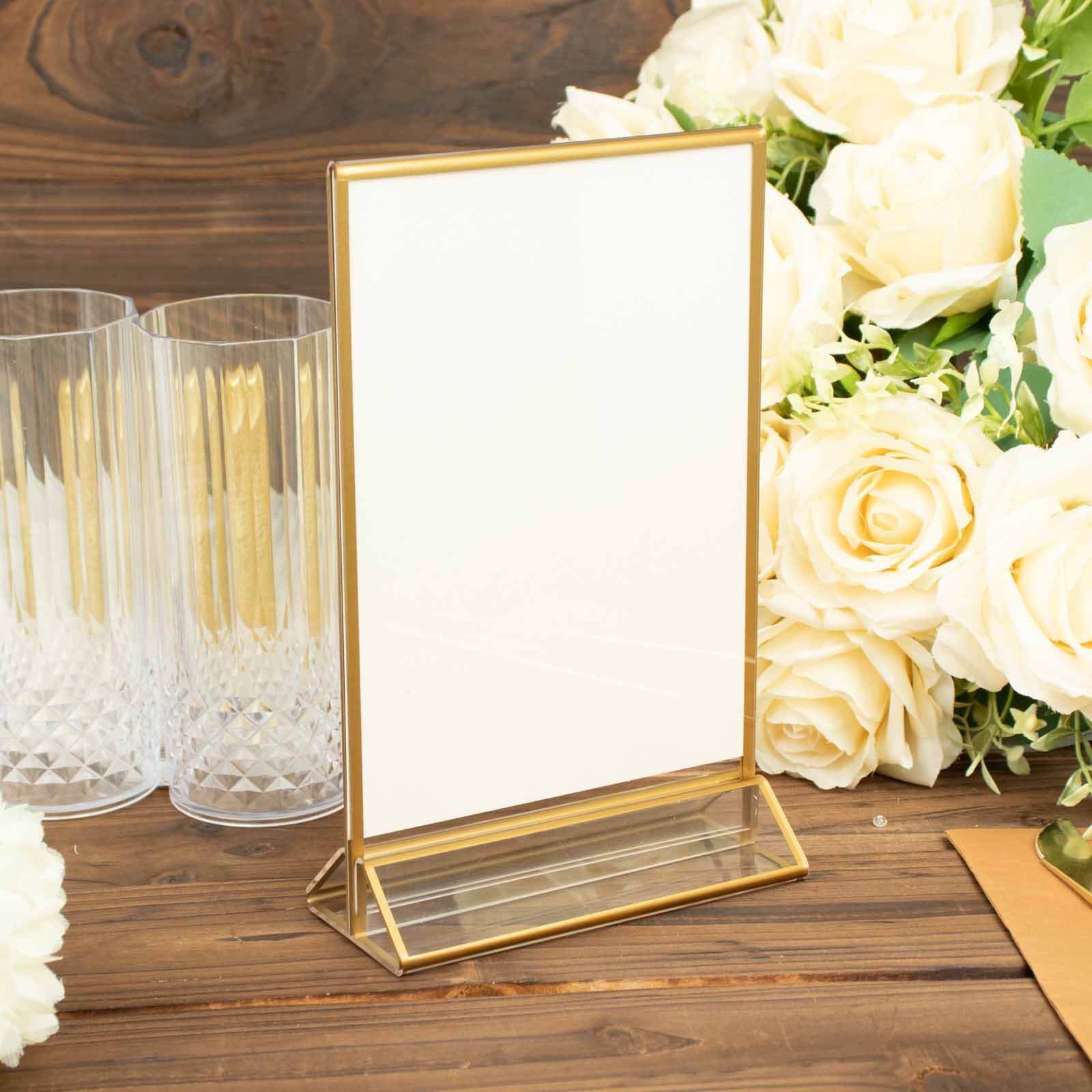 6 Pack Gold Frame Acrylic Freestanding Table Sign Holders, Double Sided Number, Picture, Menu Display Stands 5