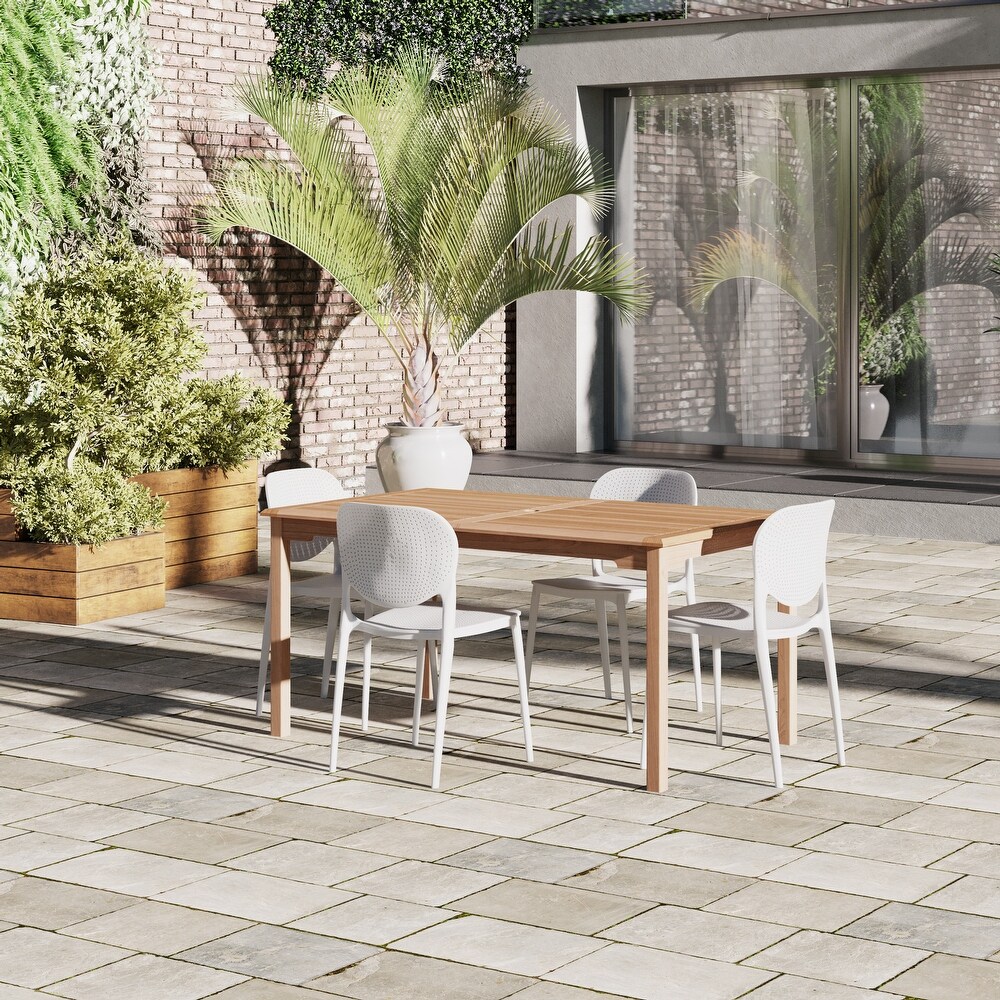 Amazonia Teak Outdoor Patio Cambel 5pc Dining Set   White Chairs