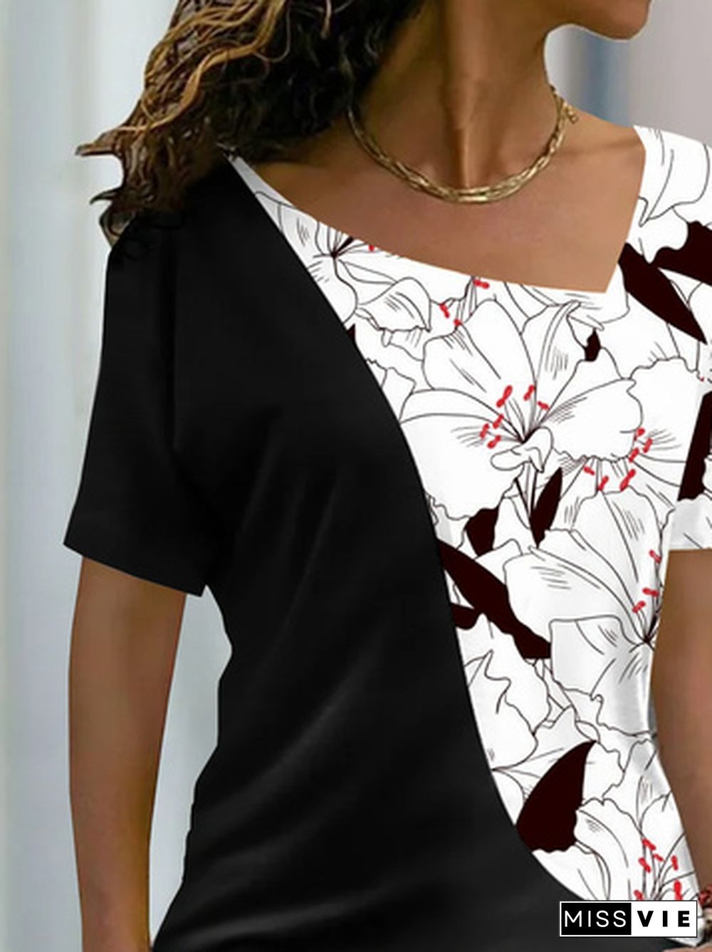 Vacation Floral Color Block Printed Casual Loosen Asymmetrical Neck Short Sleeve T-Shirt