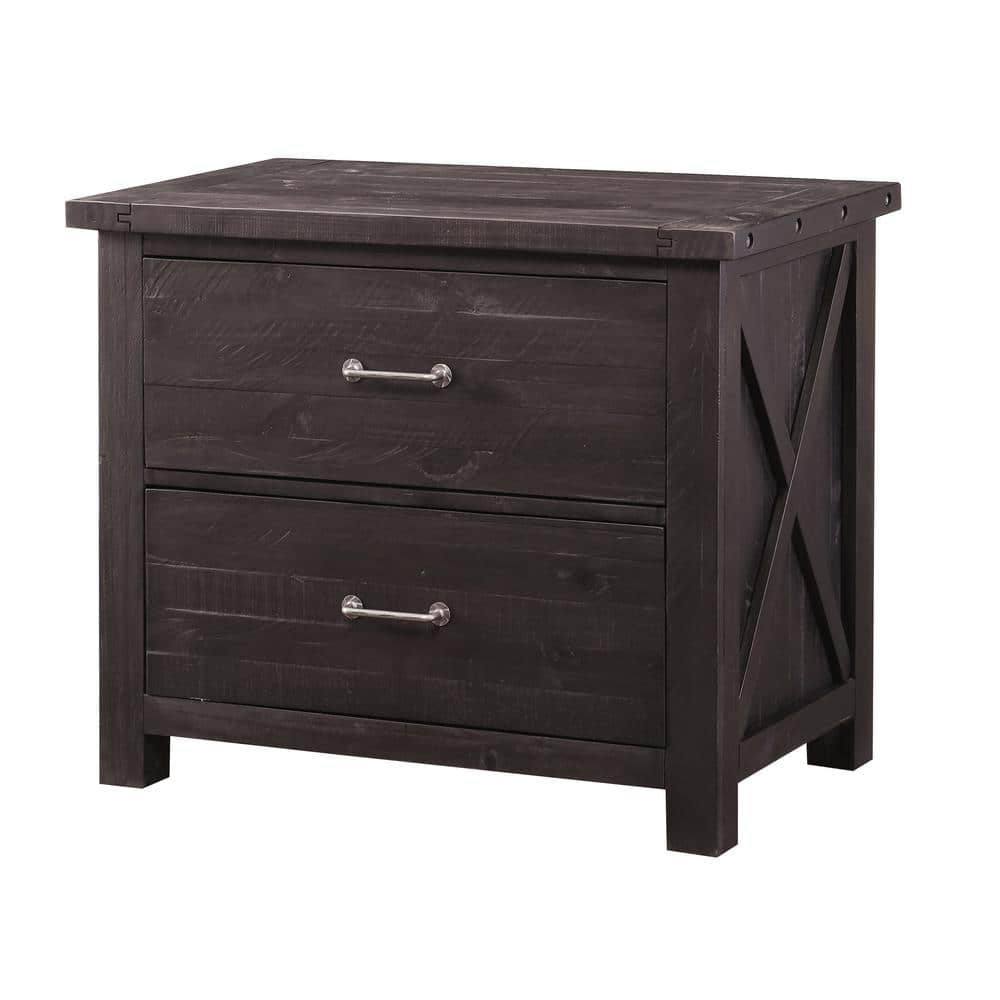 Benjara 2-Drawer Wooden File Cabinet with Metal Handle Pull in Brown Crossed Side Plank BM187809