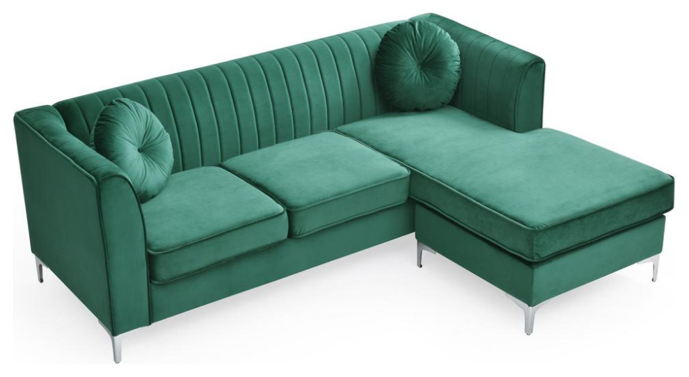 Delray 87 in. Green Velvet L Shape 3 Seater Sectional Sofa with 2 Throw Pillow   Midcentury   Sectional Sofas   by BisonOffice  Houzz