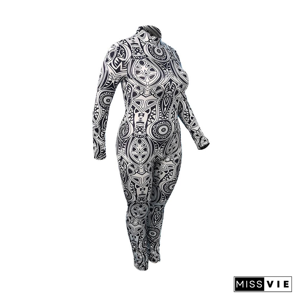 Workout Printing Bodycon Long Sleeve Jumpsuit