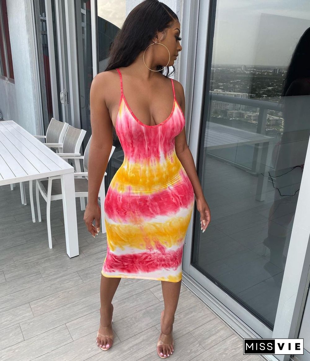 Tie Dye Print Spaghetti Strap Backless Bodycon Dress