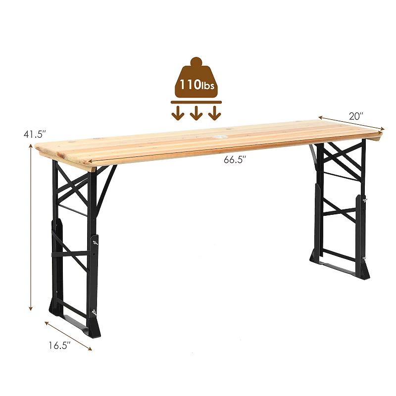 66.5 Inch Outdoor Wood Folding Picnic Table with Adjustable Heights