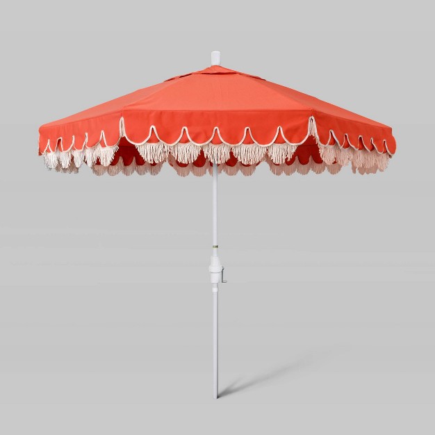 9 x27 Scallop Base And Fiberglass Ribs Fringe Market Patio Umbrella With Crank Lift White Pole California Umbrella