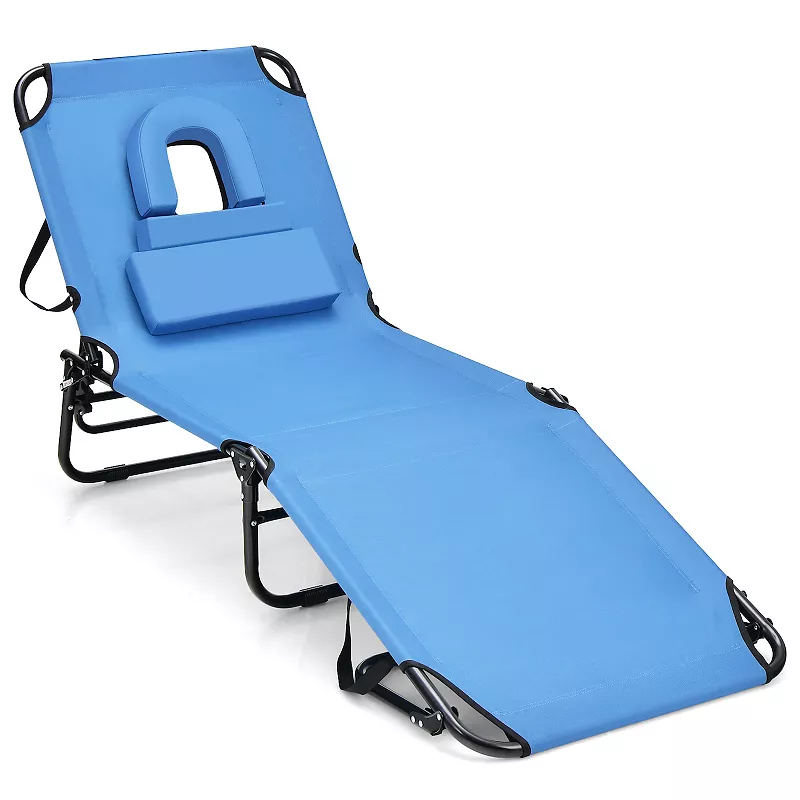 Beach Chaise Lounge Chair with Face Hole and Removable Pillow