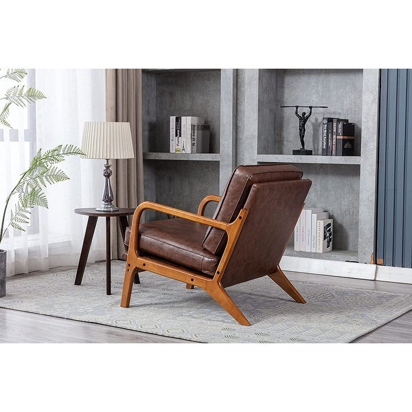 Wood Frame Accent Chair with Vintage Cushions， Brown PU Leather