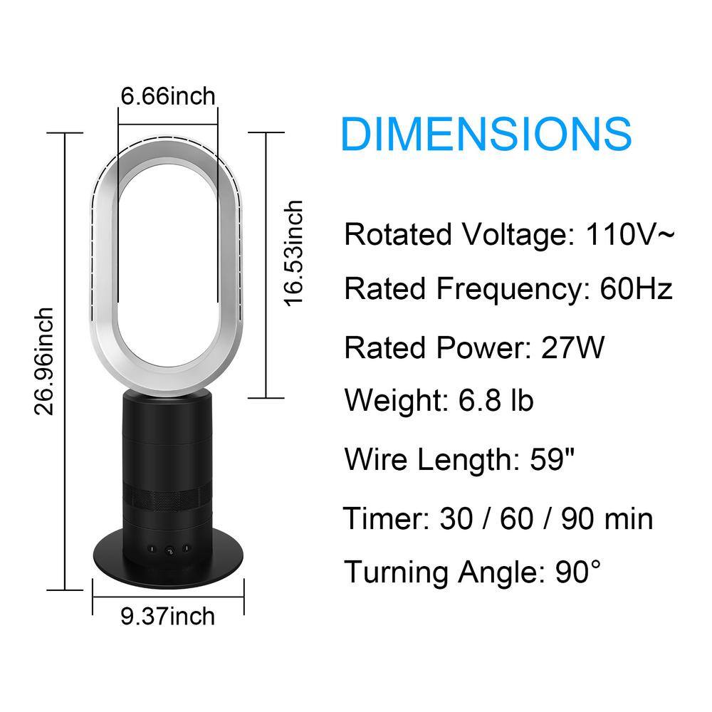 Aoibox 27 in. Black Bladeless Tower Fan Adjustable Speeds Settings Floor Fan 90 Swivel 30-90 min Timing Closure Low Noise SNMX019