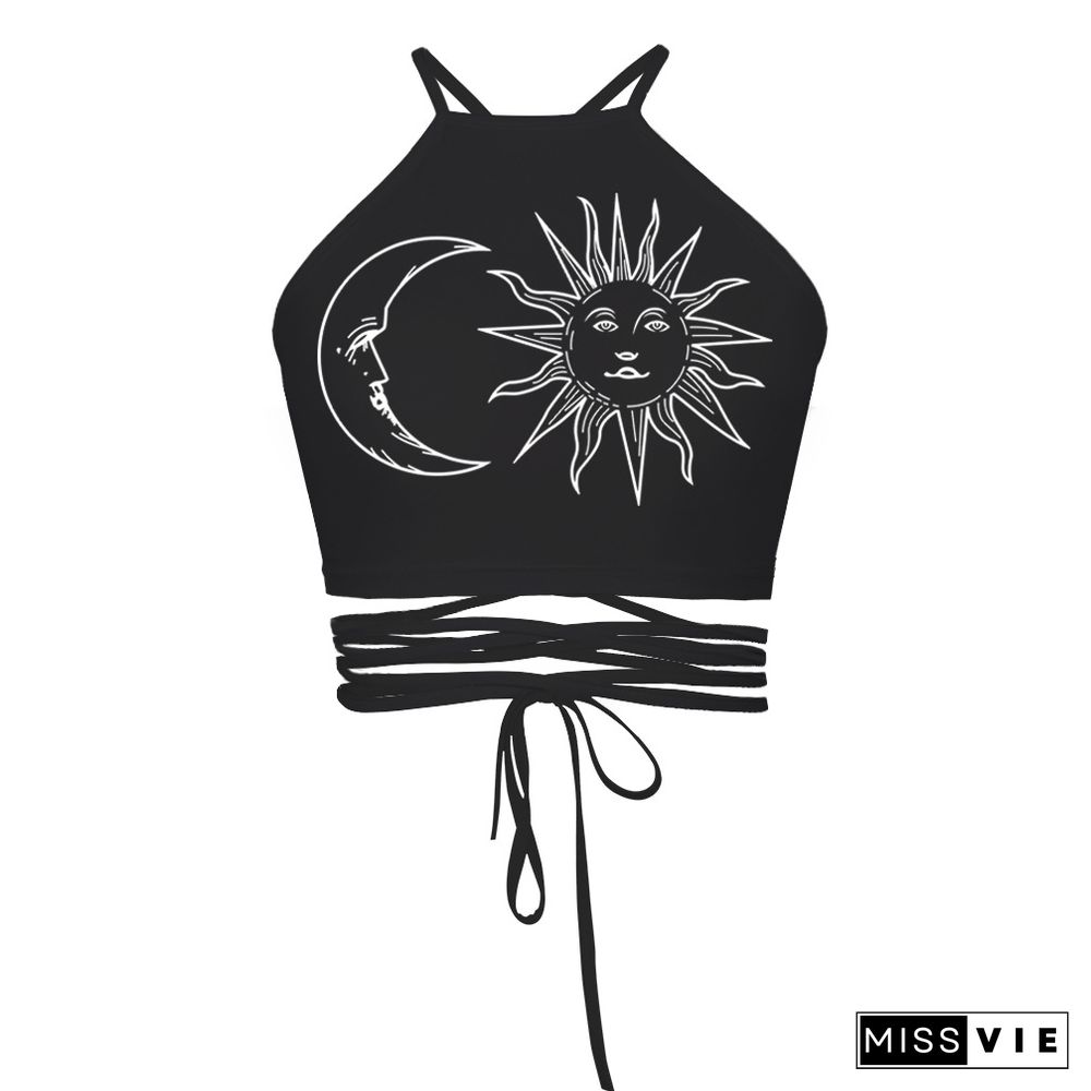 Ladies Lace Up Camisole Corset Top Skull Moon Butterfly Print Vest Anime Summer Costume Crop Top Bandage Gothic Y2K Tank Tops