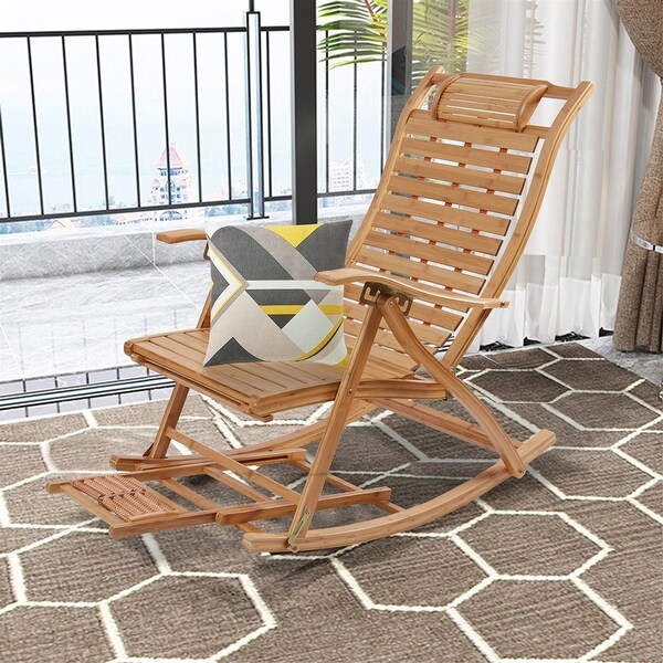 Large Bamboo Folding Rocking Chair Lounge Chair for Balcony Outdoor