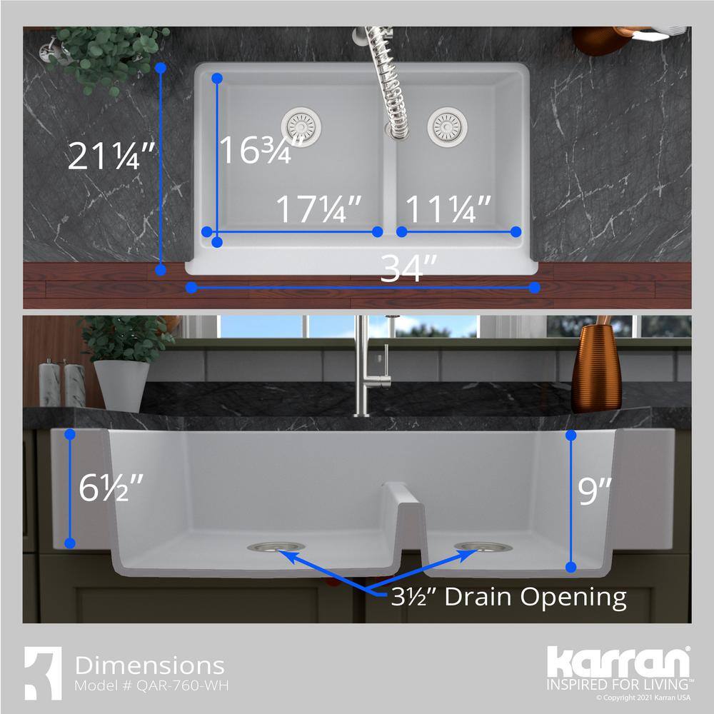 Karran QAR-760 QuartzGranite 34 in. Double Bowl 6040 Retrofit FarmhouseApron Front Kitchen Sink in white wGrid and Strainer QAR-760-WH-PK1