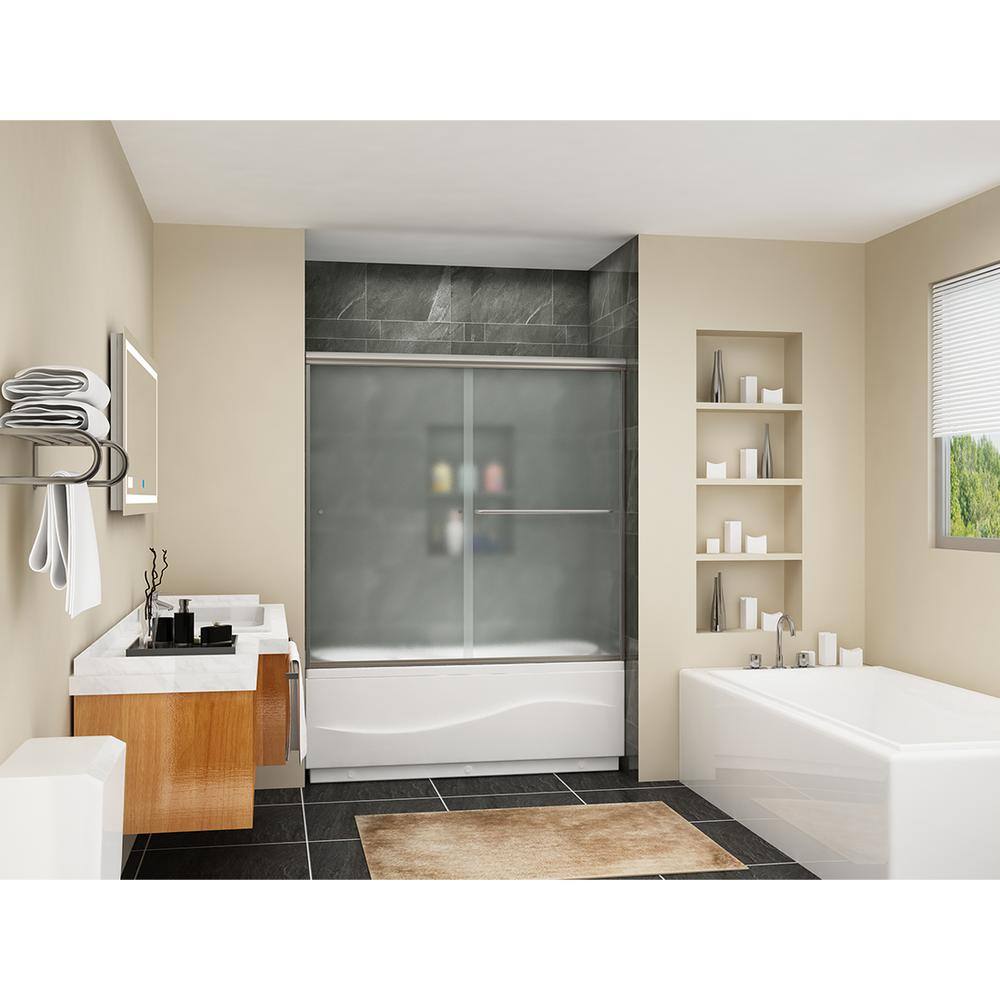 FORCLOVER 60 in. W x 57-38 in. H Sliding Semi Frameless Tub Door in Brushed Nickel Finish with Frosted Glass SND16FG-6057BN