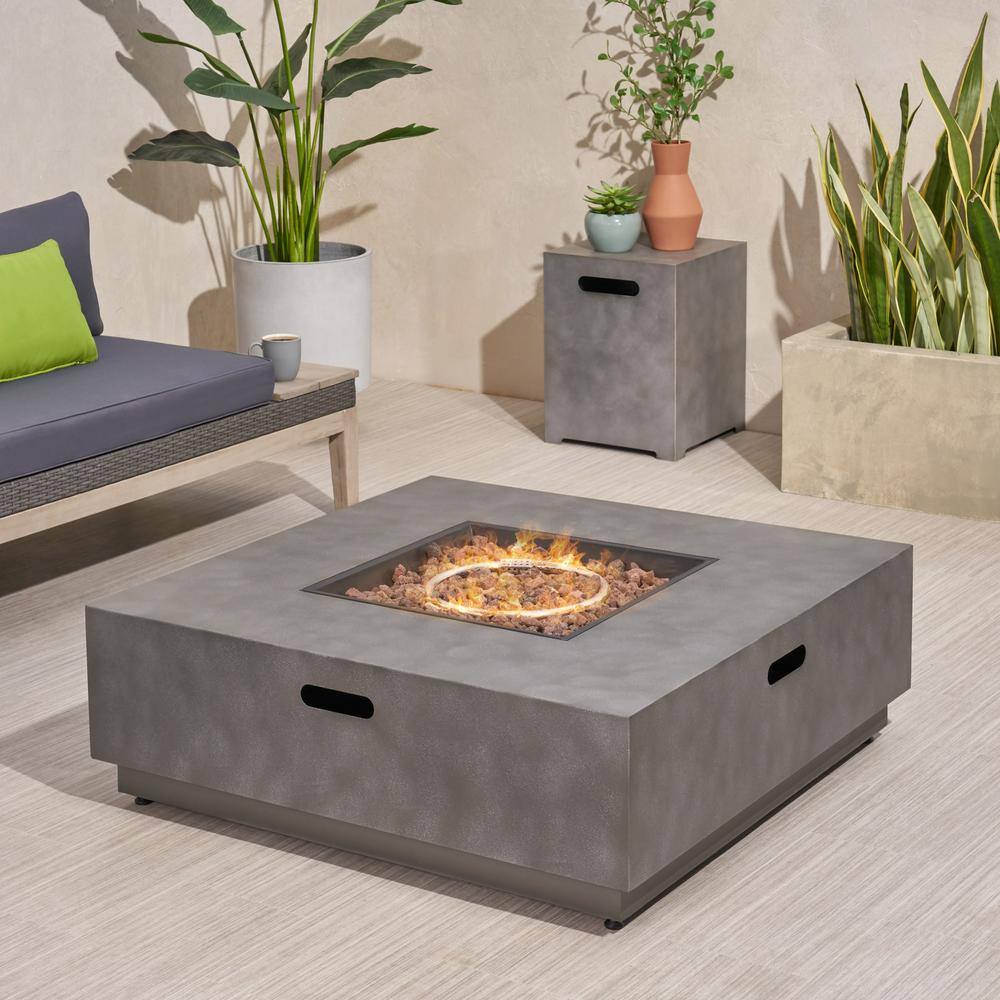 Noble House Wellington 15.25 in. x 19.75 in. Square Concrete Propane Fire Pit in Dark Grey with Tank Holder 70508