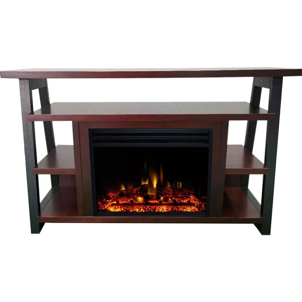 Hanover 32 In. Industrial Chic Electric Fireplace Heater with Deep Log Display and 5 Flame Colors  Mahogany   32 Inch