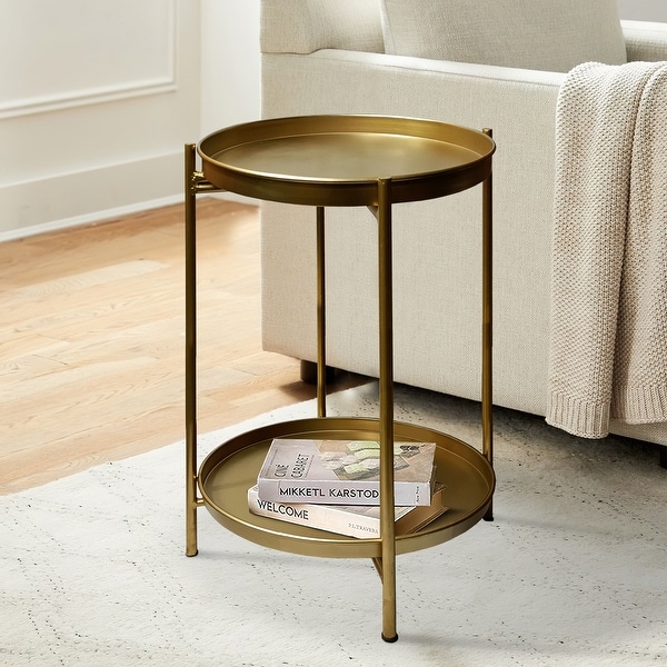 20 Inch High Round Side End Table with 2 Tier Iron Frame， Matte Gold