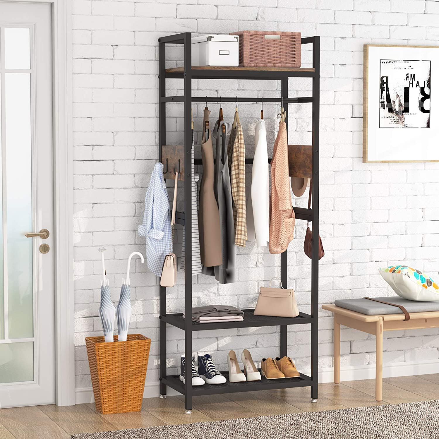 Tribesigns Rustic Hall Tree， Entryway Clothes Rack with with shoe storage Hanging Bar and Hooks for Bedroom