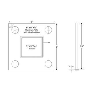 Slipfence 3 in. x 3 in. x 76 in. Black Powder Coated Aluminum Surface Mount Fence Post Includes Post Cap SF2-PP376