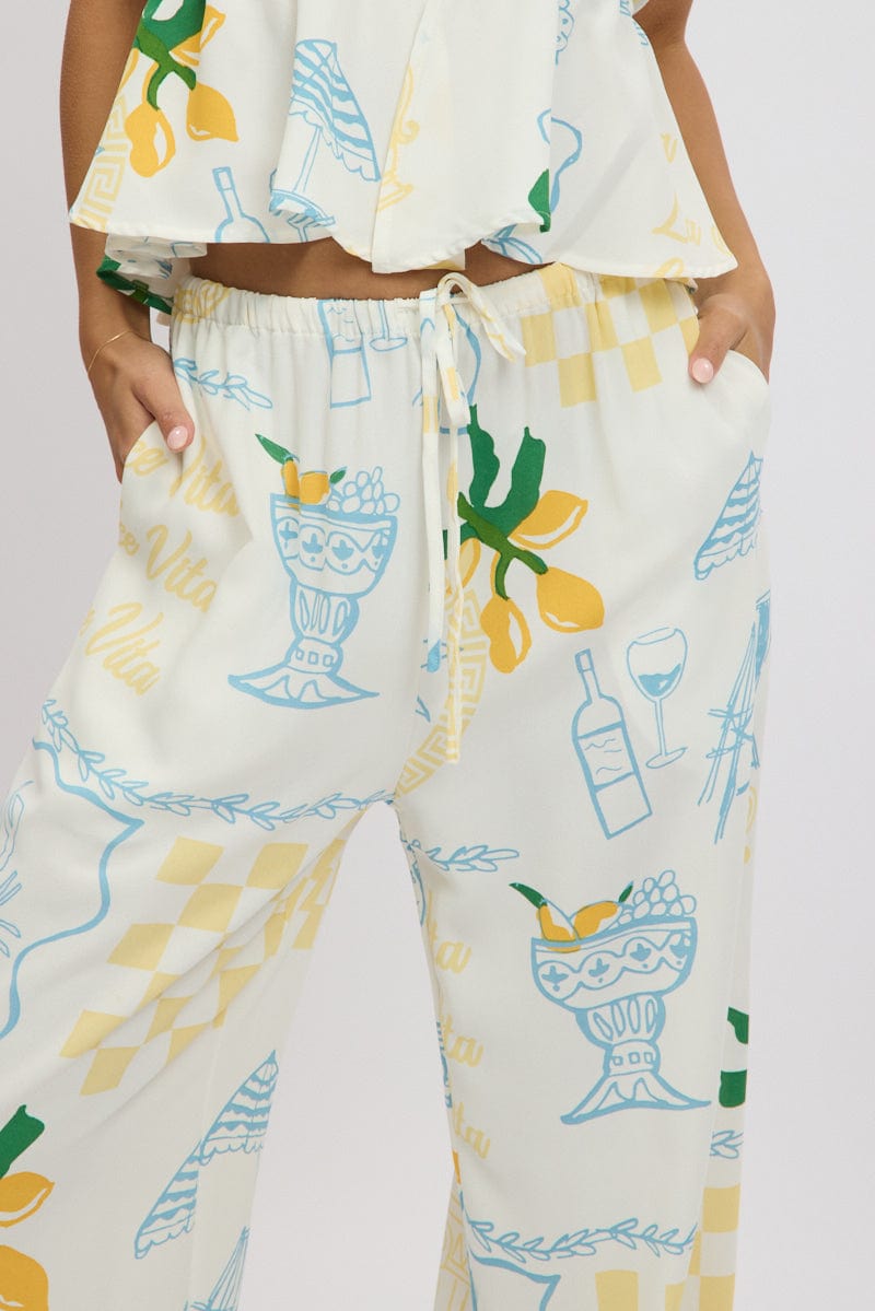 Yellow Abstract Wide Leg Pants High Rise