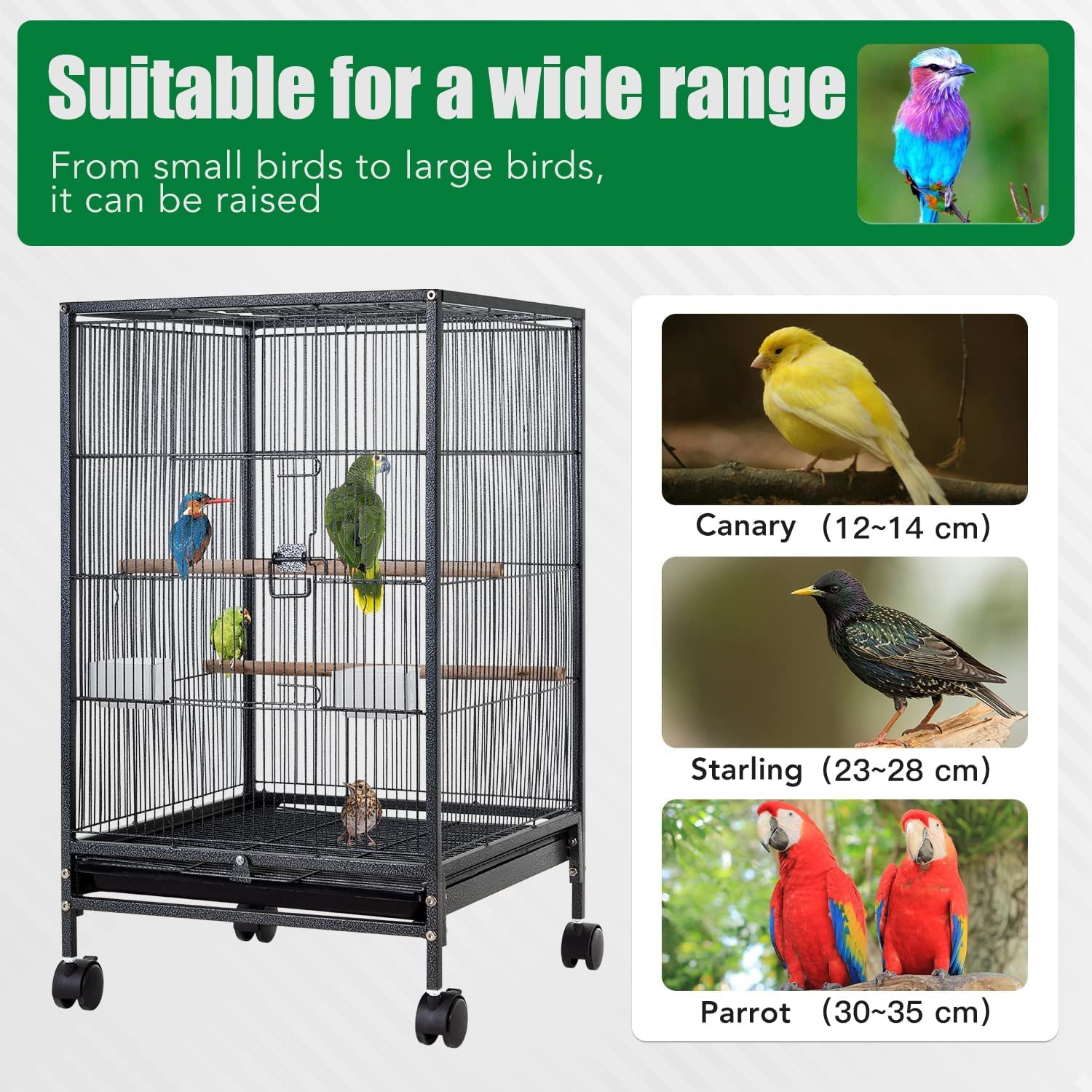 CL.HPAHKL 35 inch Height Bird Cage with Perches， Large Metal Rolling Bird Cages for Parakeets with Stand Heavy Duty Parrot Cage for Parrots Conure Lovebird Cockatiel