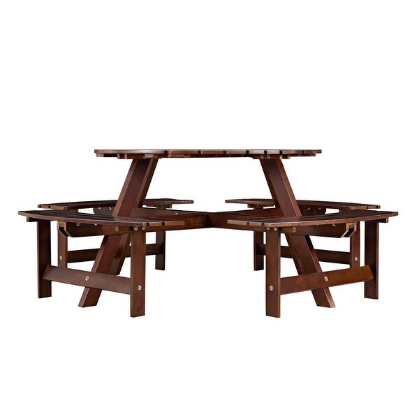 8 Person Wood Picnic Table，Outdoor Round Picnic Table with 4 Builtin Benches，Umbrella Hole，Outside Table and Bench Set