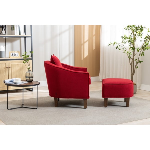 Modern Barrel Chair Mid Century Upholstered Accent Chair Round Arms Chair with Ottoman， Red