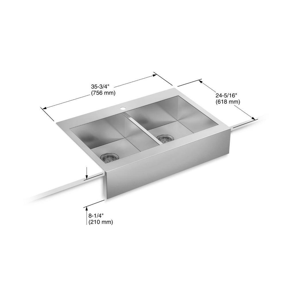 KOHLER Vault Farmhouse Drop-In Apron Front Self-Trimming Stainless Steel 36 in. 1-Hole Double Bowl Kitchen Sink K-3944-1-NA