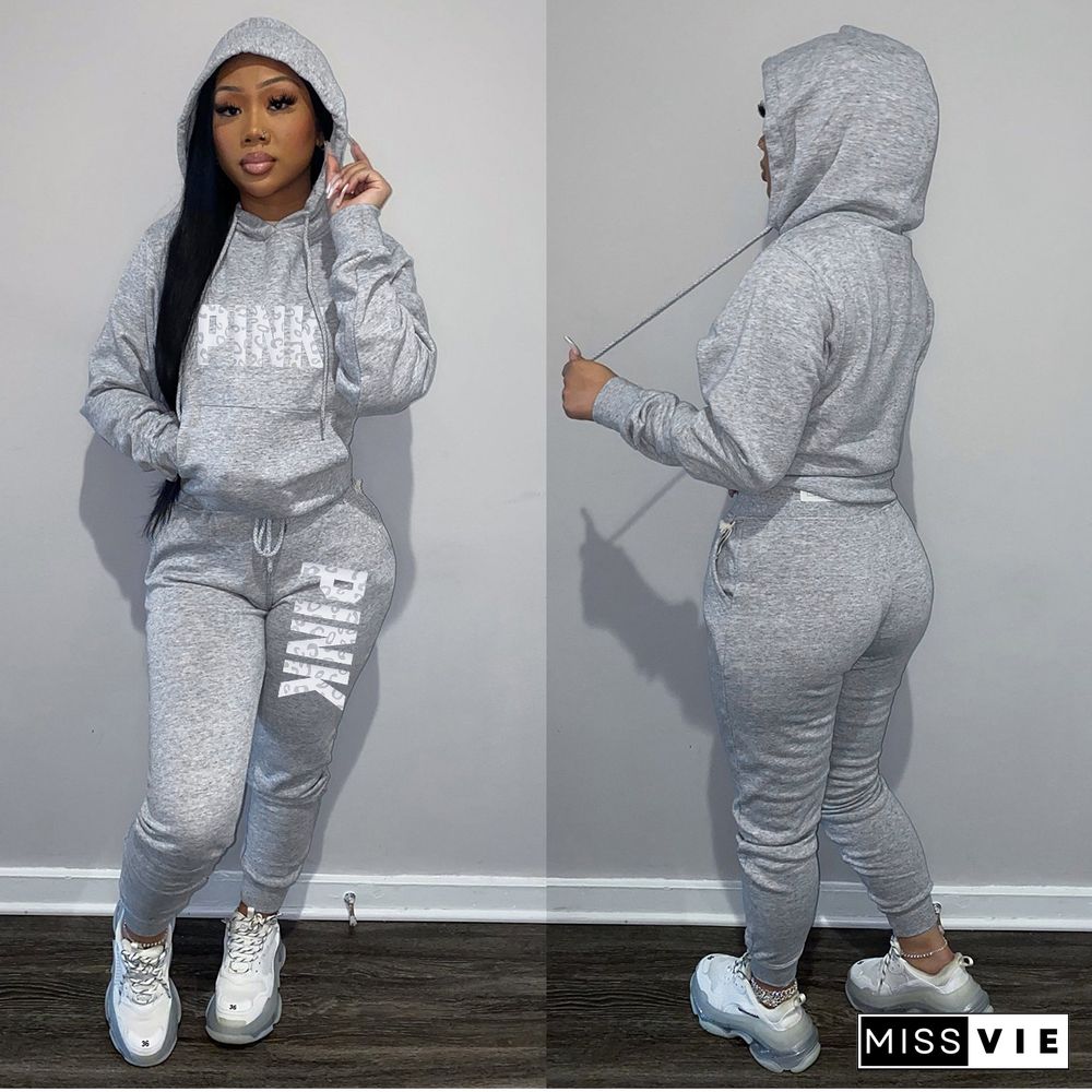 Winter Letter Print Hoodies and Pants Sports 2 Piece Sets