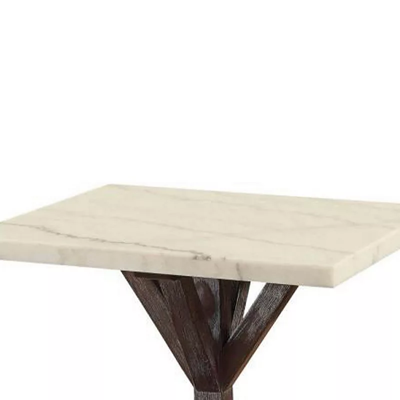 Marble Top End Table With Wooden Tri Pod Base， White And Espresso Brown