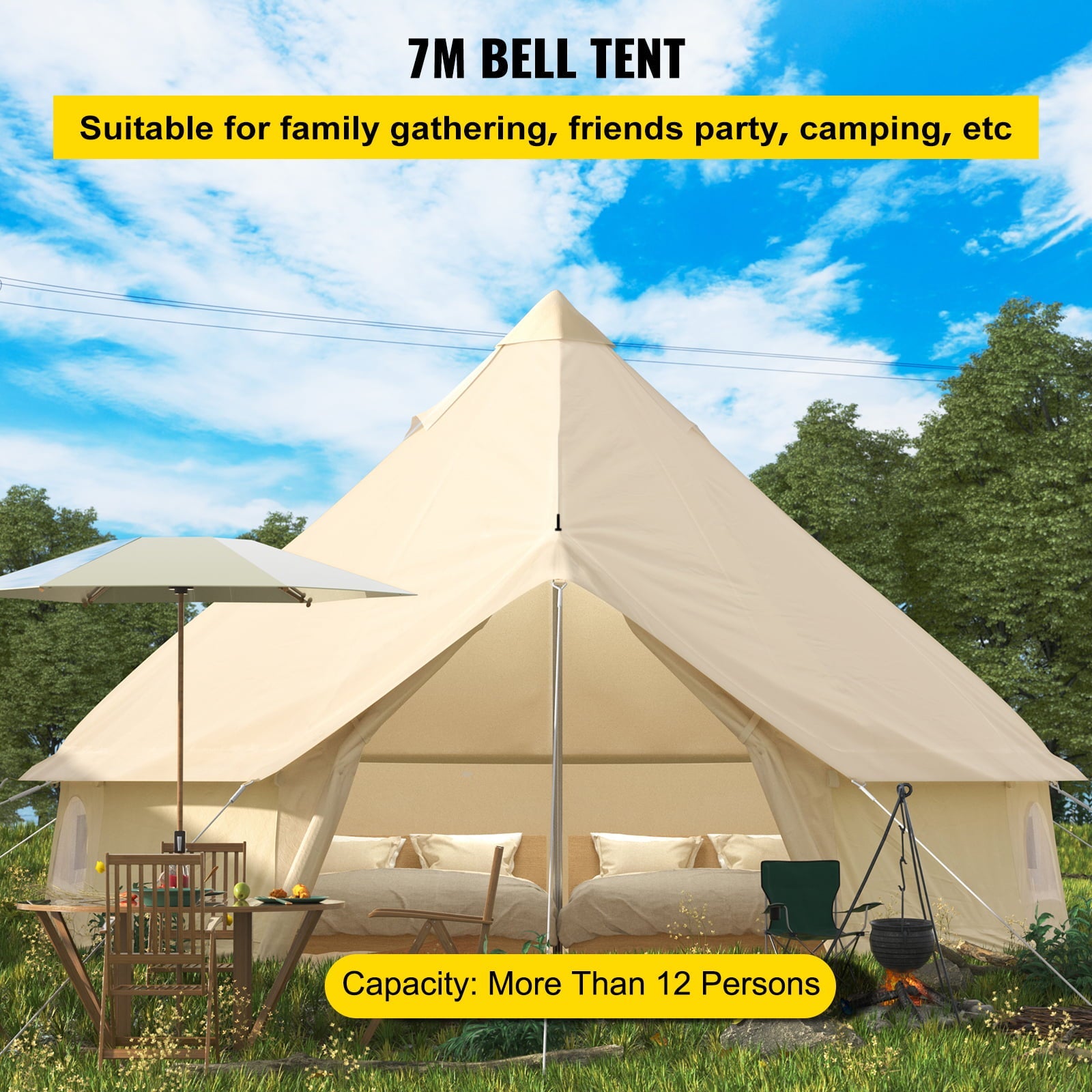 VEVORbrand Canvas Bell Tent 23ft Cotton Canvas Tent with Wall Stove Jacket Glamping Tent Waterproof Bell Tent for Family Camping Outdoor Hunting in 4 Seasons