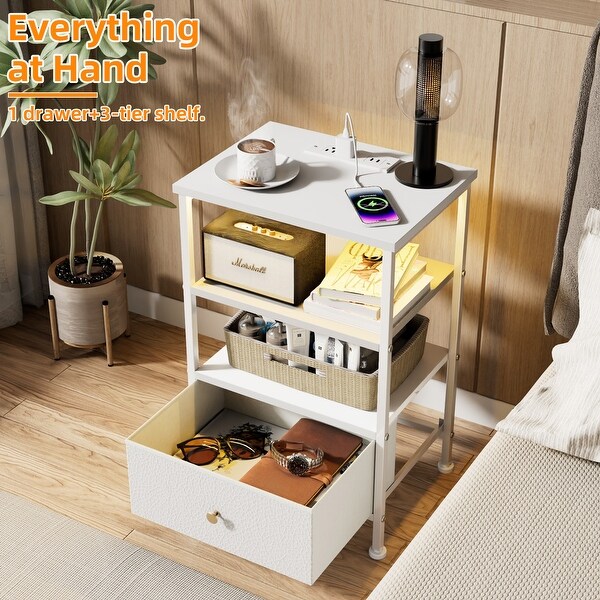 White Nightstand with Charging Station and LED Light for Bedroom Bedside with Adjustable Fabric Drawer 3Tier End Table