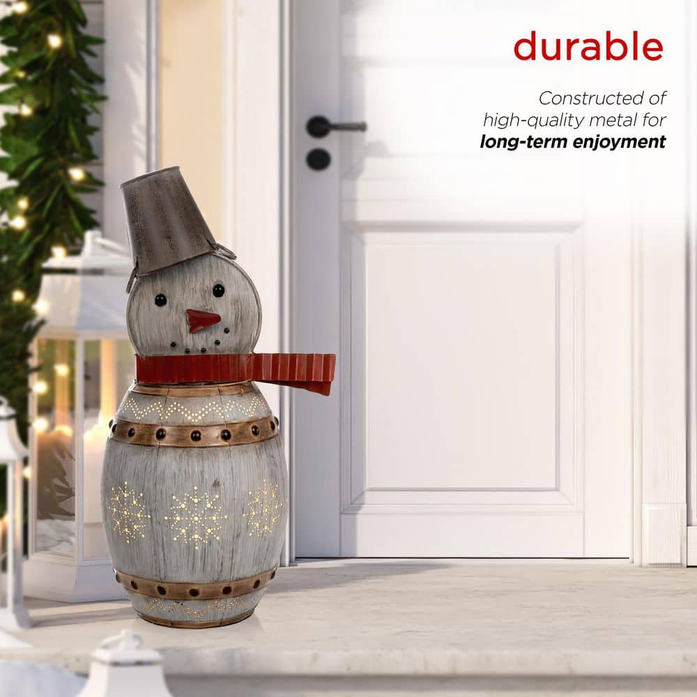 Alpine Corporation 30 in. Tall Weathered Barrel Snowman With Warm White LED Lights ORS730