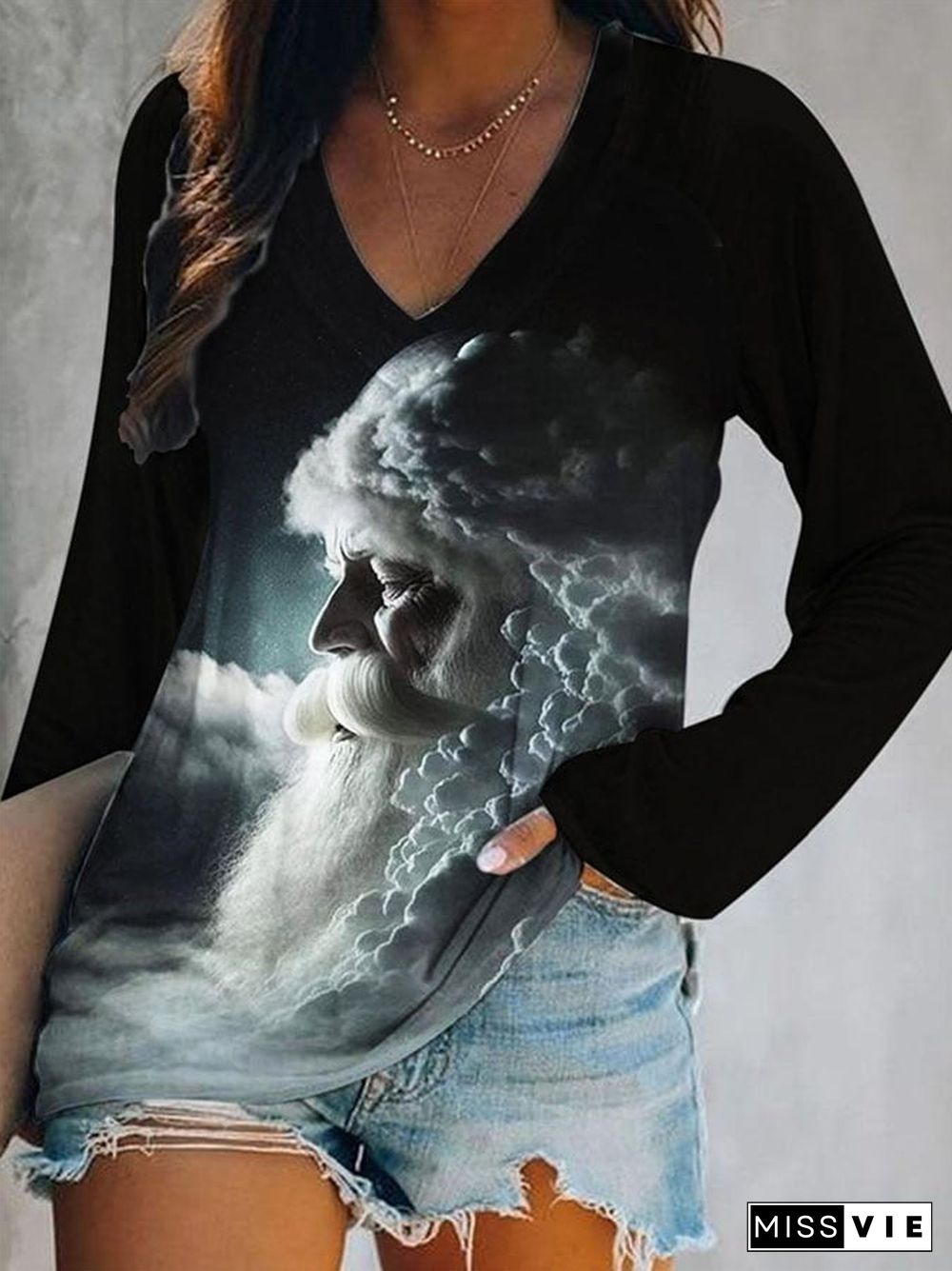 Women's Casual Art Santa Print Long Sleeve T-Shirt