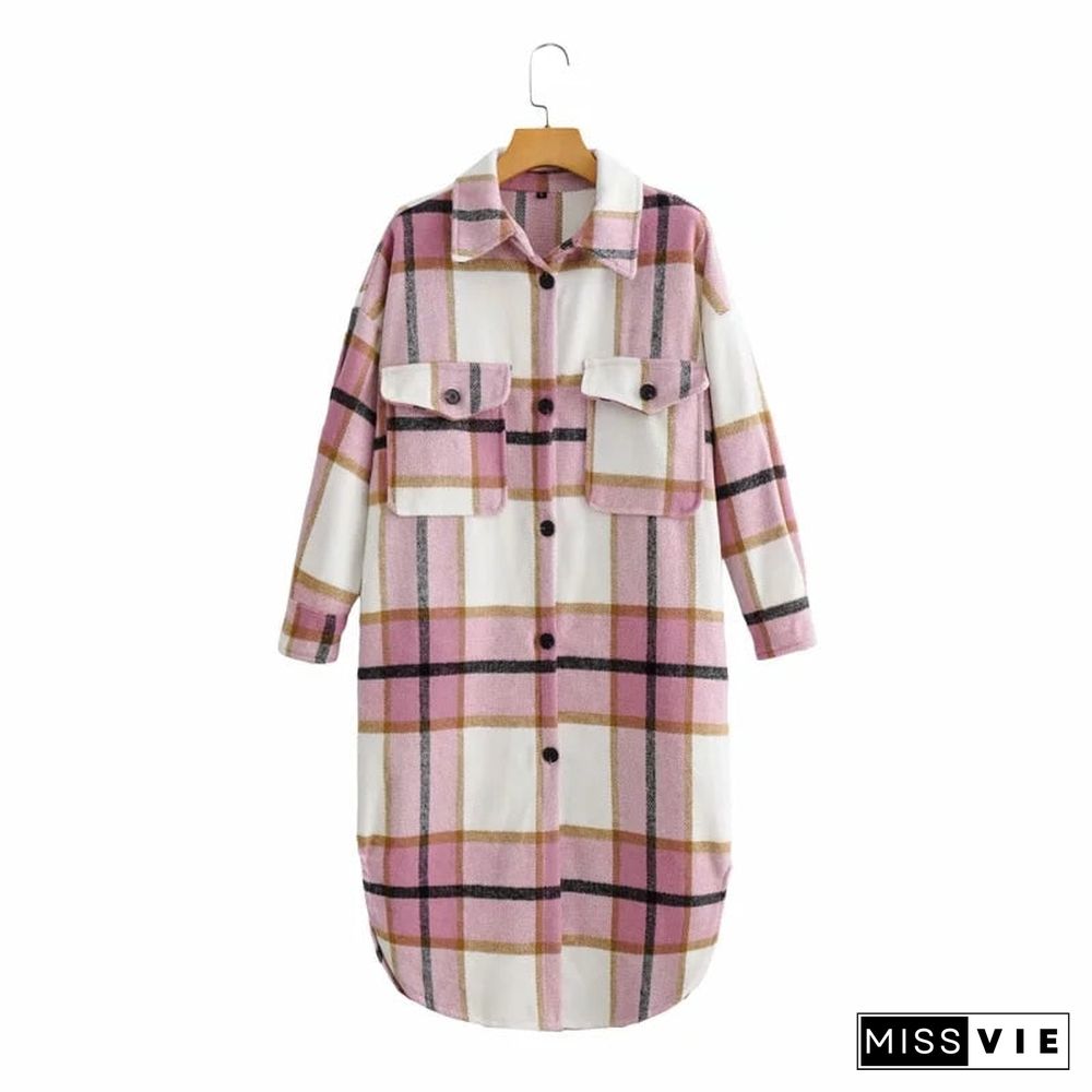 New Autumn Winter Women Casual Loose Blue Plaid Jacket  Warm Overcoat Fashion Long Coats