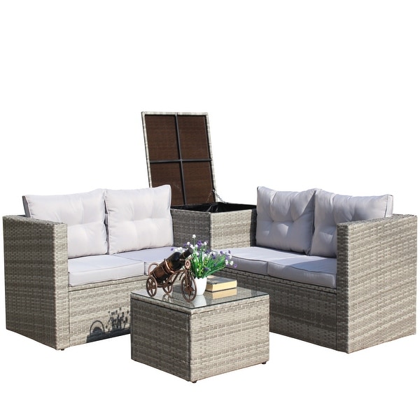 Grey 4Piece PE Rattan Wicker Sectional Sofa Set with Storage