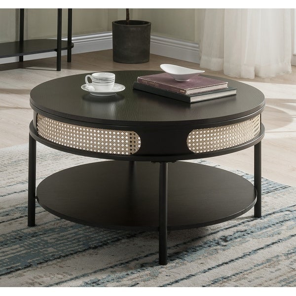 1 Open Shelf Round Coffee Table with Metal Legs in Black Finish