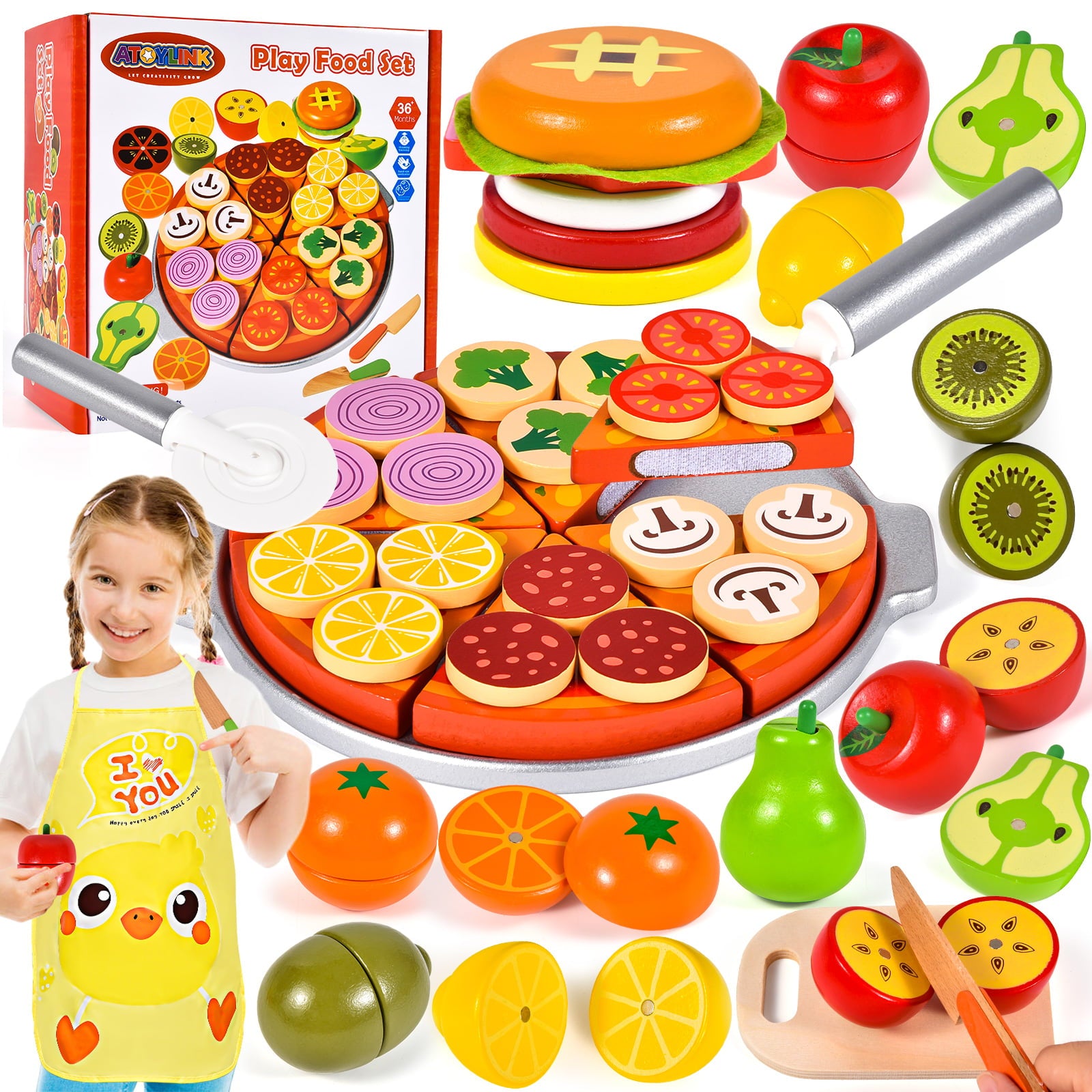 Wooden Pretend Play Food Sets for Kids Play Kitchen Accessories Cutting Pizza Toy Food Fruit Hamburger Toddler Kitchen Playset for Boys Girls Christmas Birthday Gifts