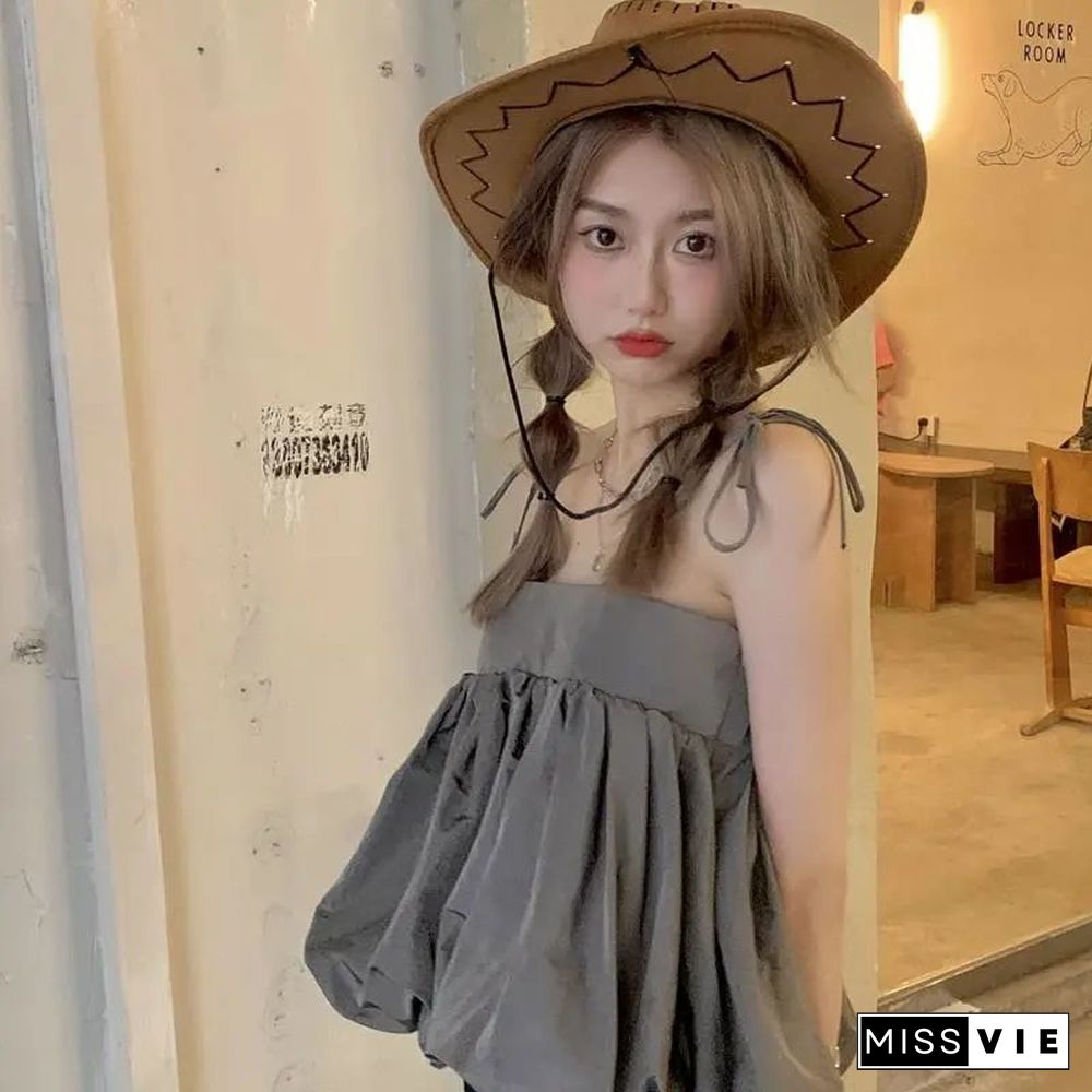 Camisole Women Summer Fashion Loose Spaghetti Strap Korean Style Elegant All-Match Pleated Cozy Lovely Leisure Female Crop Tops