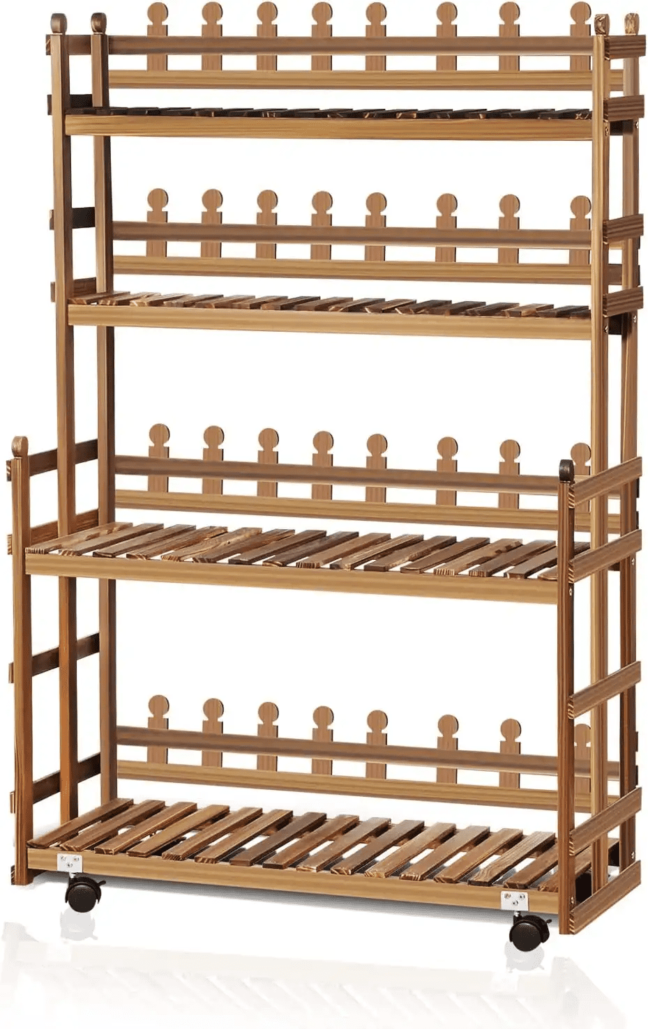 Magshion 42" Carbonized Wooden 4-Tier Storage Shelves Flower Pot Stand Rolling Plant Rack