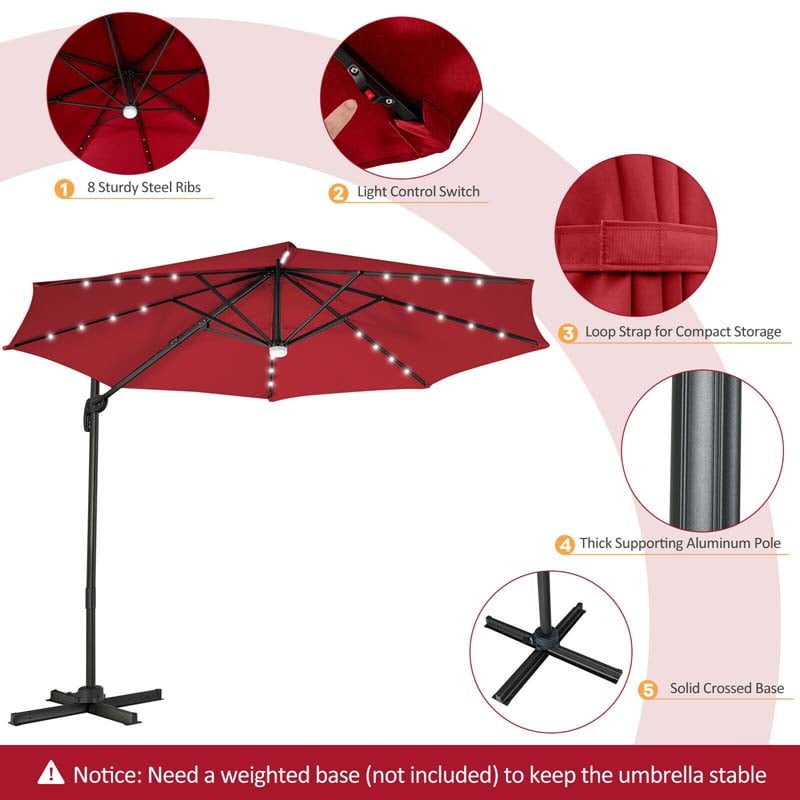 10 FT Cantilever Offset Patio Umbrella 28 Solar LED Lighted Market Umbrella with 3-Tilt Position, Crossed Base