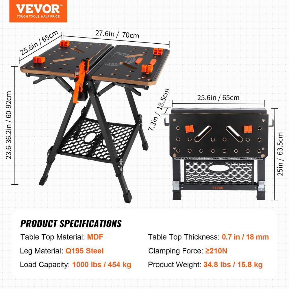 VEVOR 27.6 in. L x 25.6 in. W 2-In-1 Sawhorse Workbench 1000 lbs. Folding Work Table 7 Heights Foldable Stand with Wood Clamp B454KG70X65CM9NVGV0